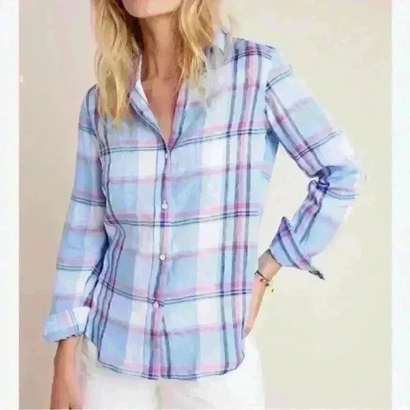GRAYSON by Anthropologie The Hero Pink Blue Plaid Linen Shirt NEW Size Medium - Picture 2 of 7